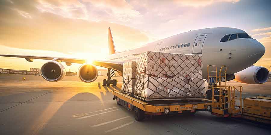 Cargo pallets being loaded into a freight aircraft on the tarmac