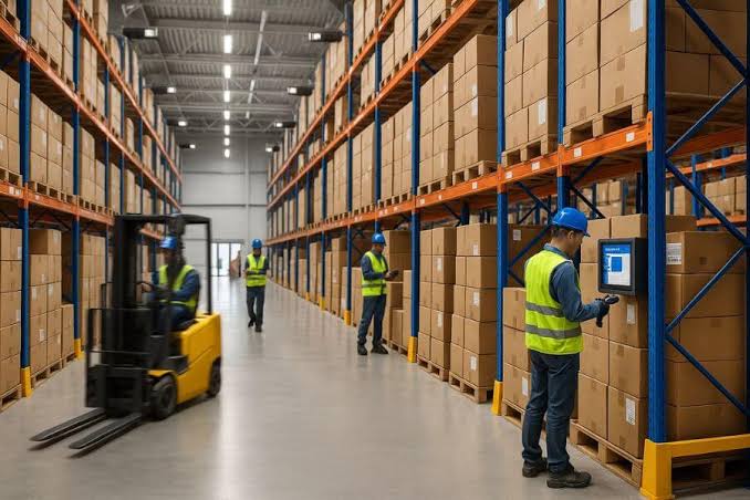 Warehouse operative scanning a pallet barcode into the inventory system